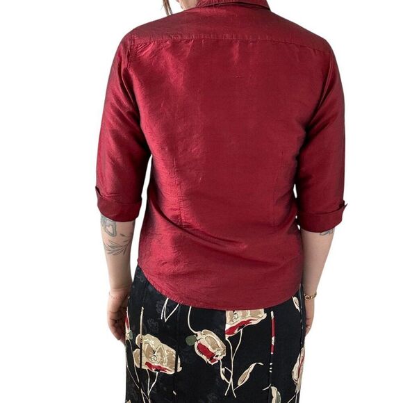 Vintage 1970s Red 100% Silk Womens Collared Button Down Minimalist Blouse Sz M - Picture 8 of 11